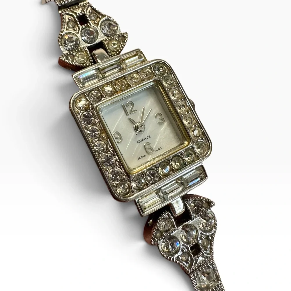 Rhinestone Dress Watch Womens Silver Tone Square MOP Dial F3059331/U